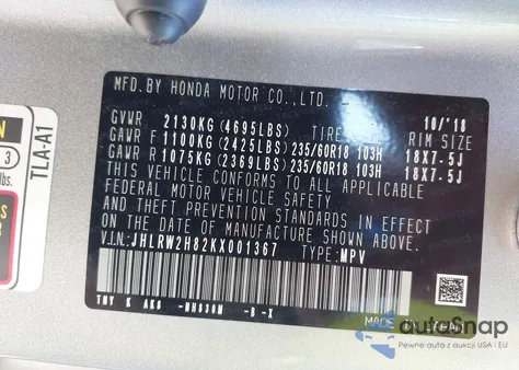 2019 Honda Cr-V Ex-L from USA, damaged, VIN JHLRW2H82KX001367